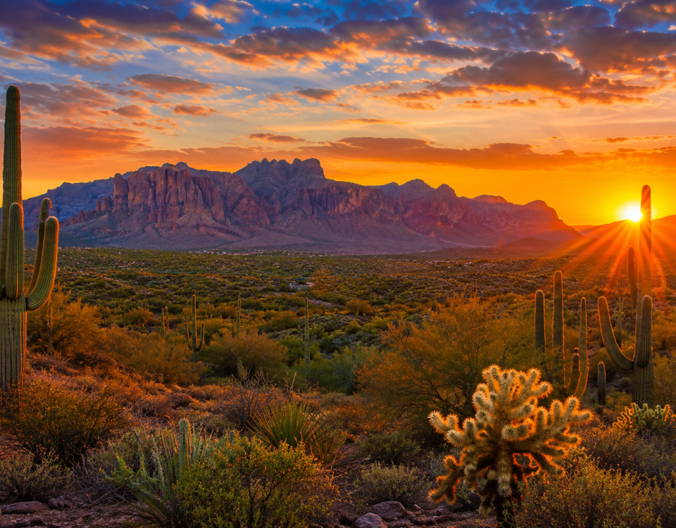 Sunrise over the Superstition Mountains near Apache Junction, Arizona
