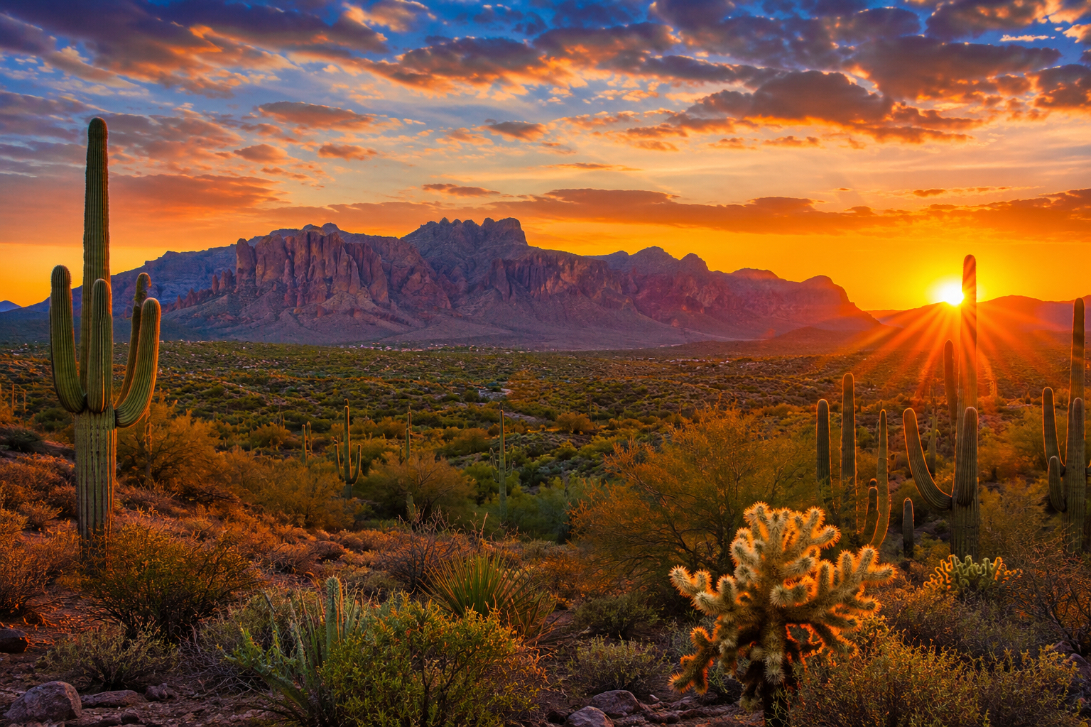 Sunrise over the Superstition Mountains near Apache Junction, Arizona