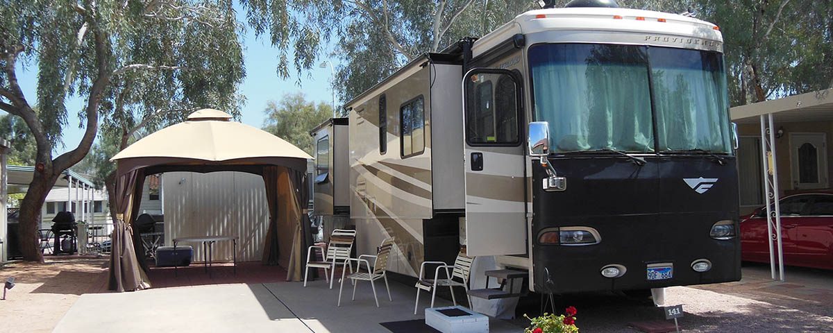 Spacious RV site for first-time snowbirds at La Hacienda RV Resort in Apache Junction, Arizona