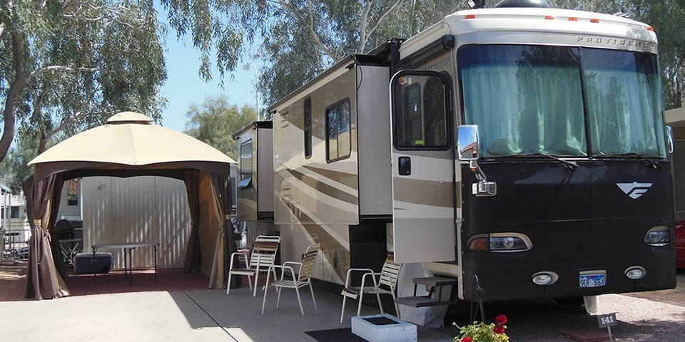 Spacious RV site for first-time snowbirds at La Hacienda RV Resort in Apache Junction, Arizona