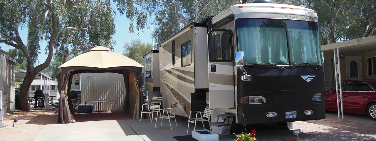 Spacious RV site for first-time snowbirds at La Hacienda RV Resort in Apache Junction, Arizona