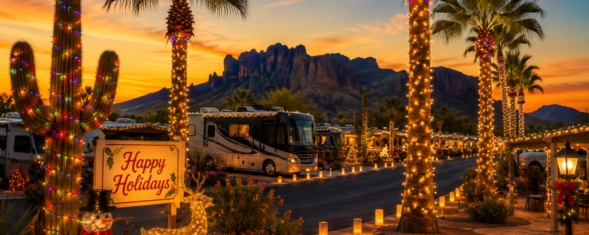 Enjoying the holidays in Apache Junction Arizona with festive lights and palm trees