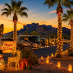 Enjoying the holidays in Apache Junction Arizona with festive lights and palm trees