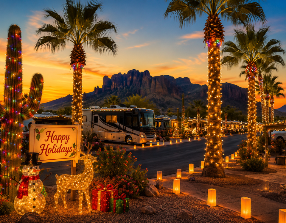 Enjoying the holidays in Apache Junction Arizona with festive lights and palm trees