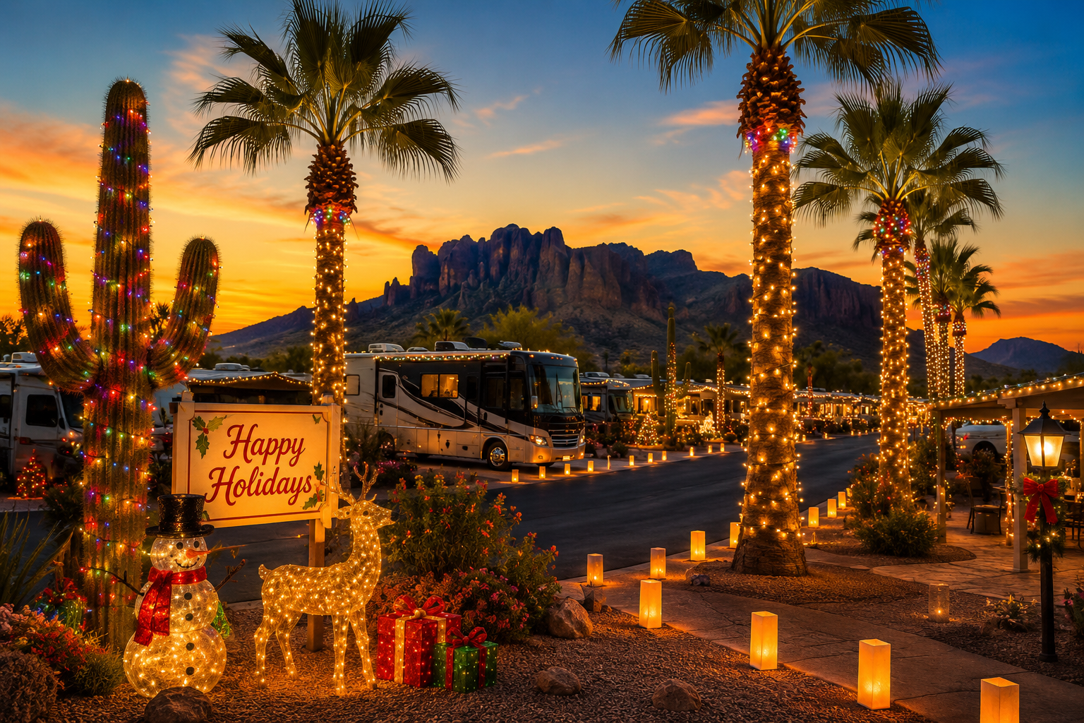 Enjoying the holidays in Apache Junction Arizona with festive lights and palm trees