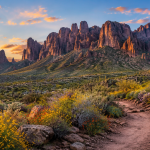 Spring wildflowers and the Superstition Mountains near Apache Junction Arizona
