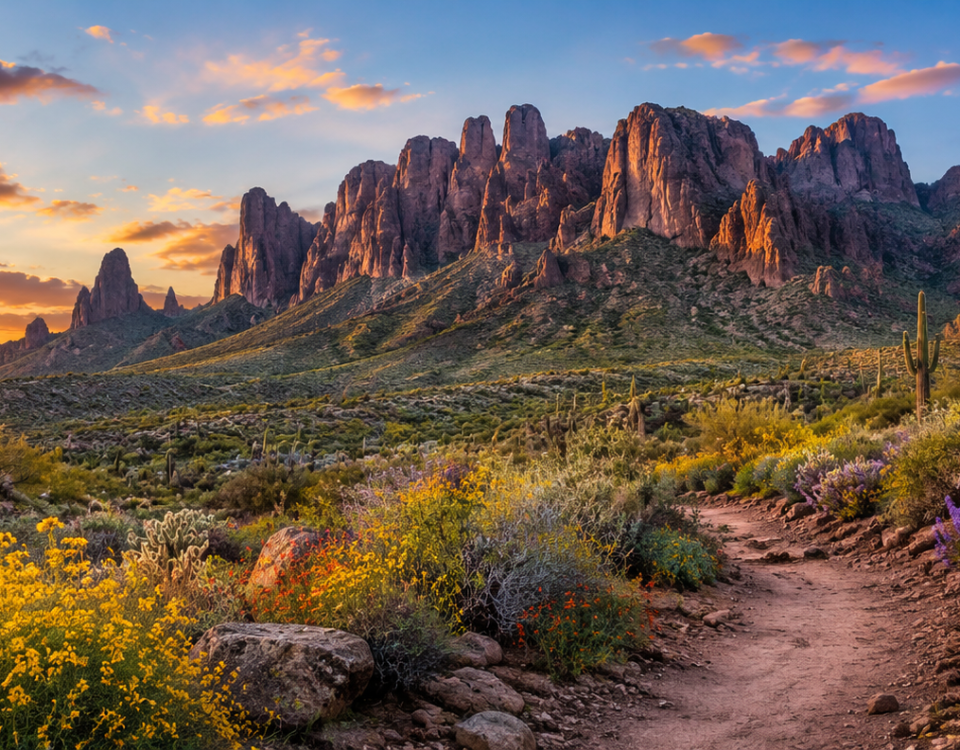 Spring wildflowers and the Superstition Mountains near Apache Junction Arizona