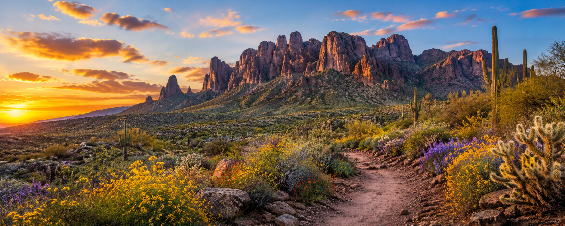 Spring wildflowers and the Superstition Mountains near Apache Junction Arizona