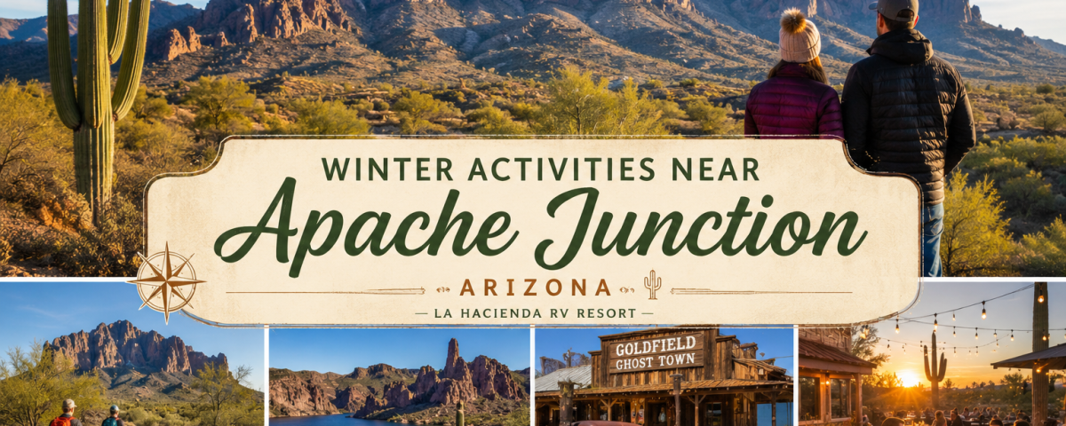 Winter activities near Apache Junction featuring the Superstition Mountains and desert scenery