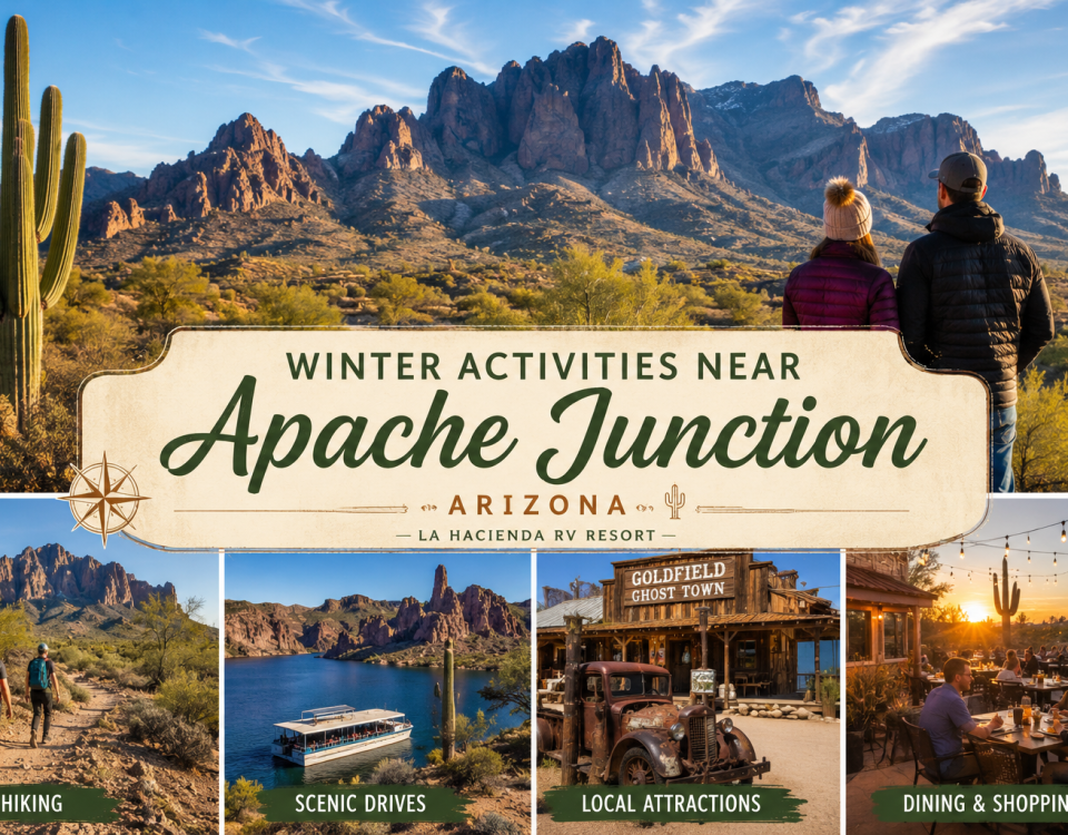 Winter activities near Apache Junction featuring the Superstition Mountains and desert scenery