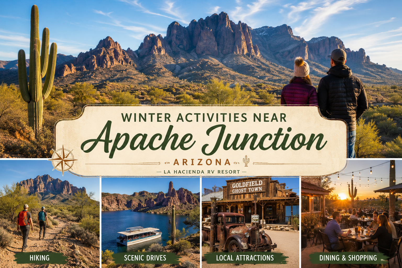 Winter activities near Apache Junction featuring the Superstition Mountains and desert scenery